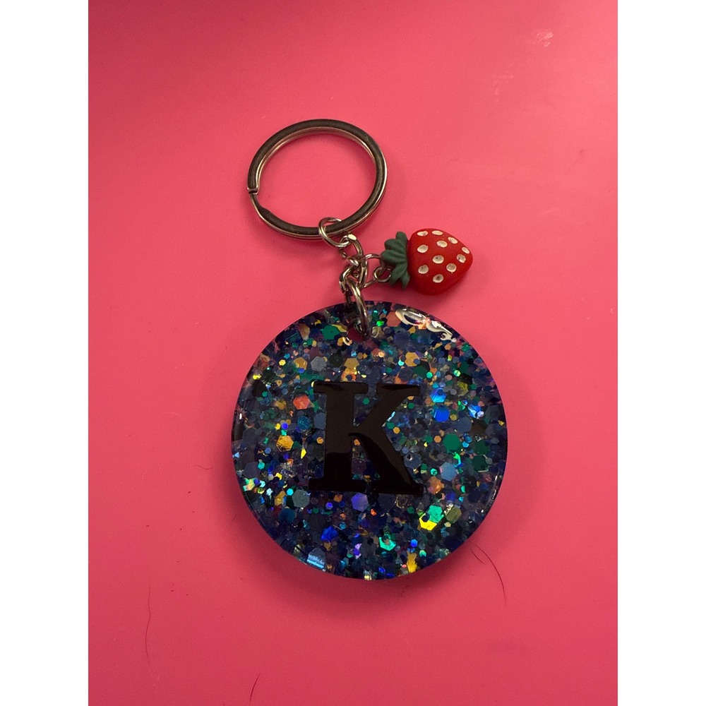 Blue Glitter Letter K Keychain‎ with Strawberry Charm Resin Initial Key Ring
